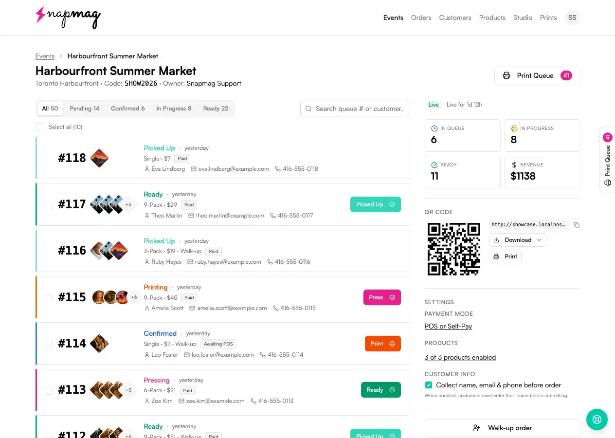 Live order board with status tabs, colored left borders per row, and queue numbers