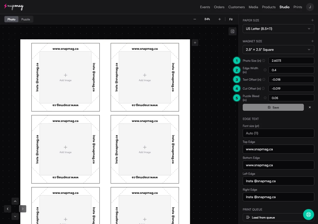 Vixie Print Studio with Edit Measurements panel open. Teal numbered badges (1–5) point to Photo Size, Edge Width, Text Offset, Cut Offset, and Puzzle Bleed fields on the right side of the screen.