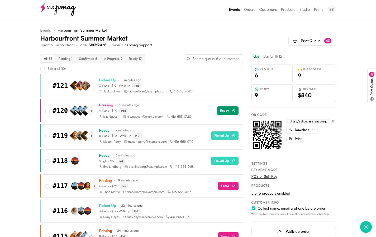 Vixie Live Order Board — 33 active orders, status badges, and live revenue