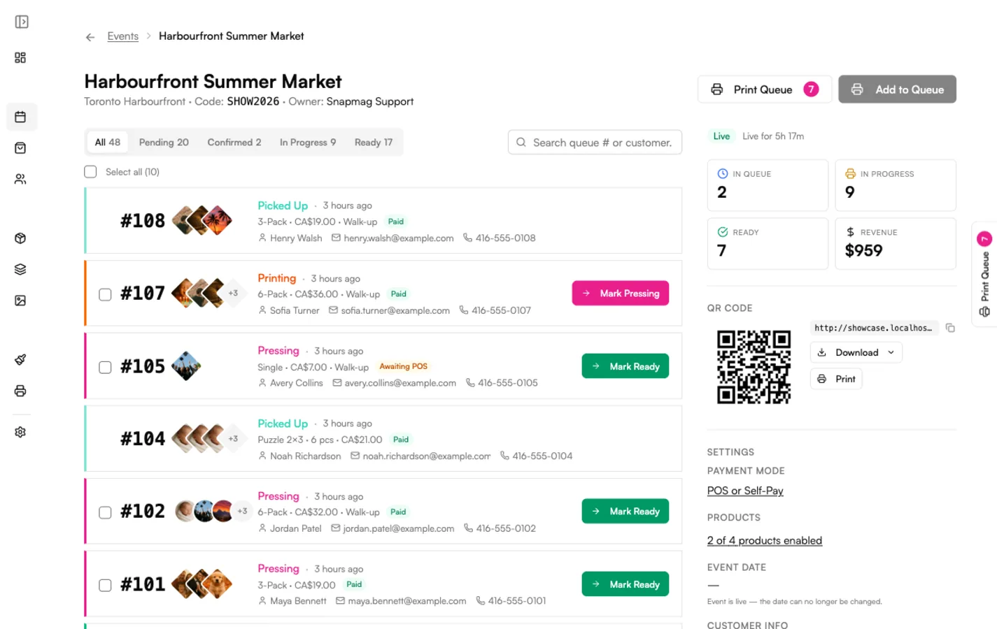 Vixie Live Order Board — 48 active orders, status badges, and live revenue