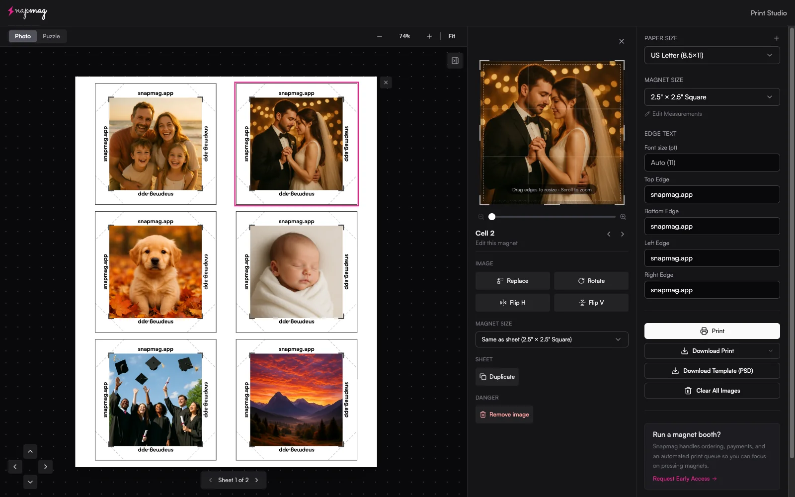 Print Studio drag-and-drop interface laying out a sheet of mixed-size photo magnets