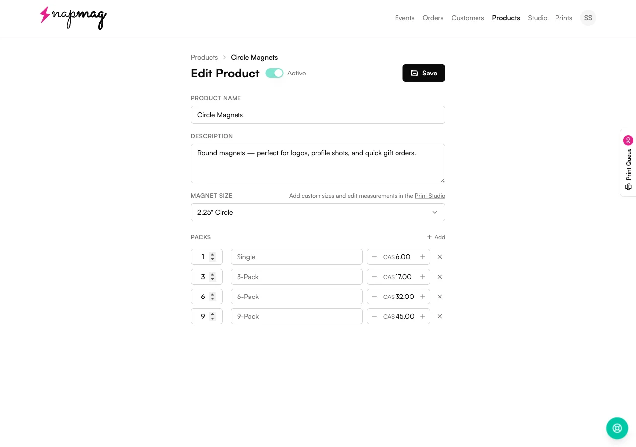 Vixie vendor app: Edit Product page for Circle Magnets, with Magnet Size set to 2.25" Circle, and a Packs list showing Single CA$6, 3-Pack CA$17, 6-Pack CA$32, and 9-Pack CA$45.