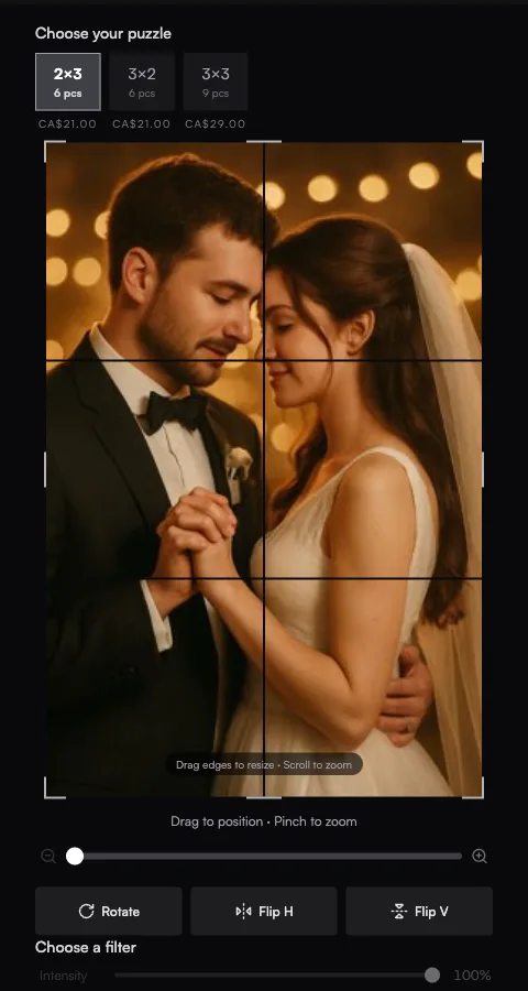 Customer view of the puzzle edit step: 2×3 selected at the top, crop tool showing the wedding-couple photo with grid lines overlaid, rotate / flip / zoom controls, and a filter row at the bottom.
