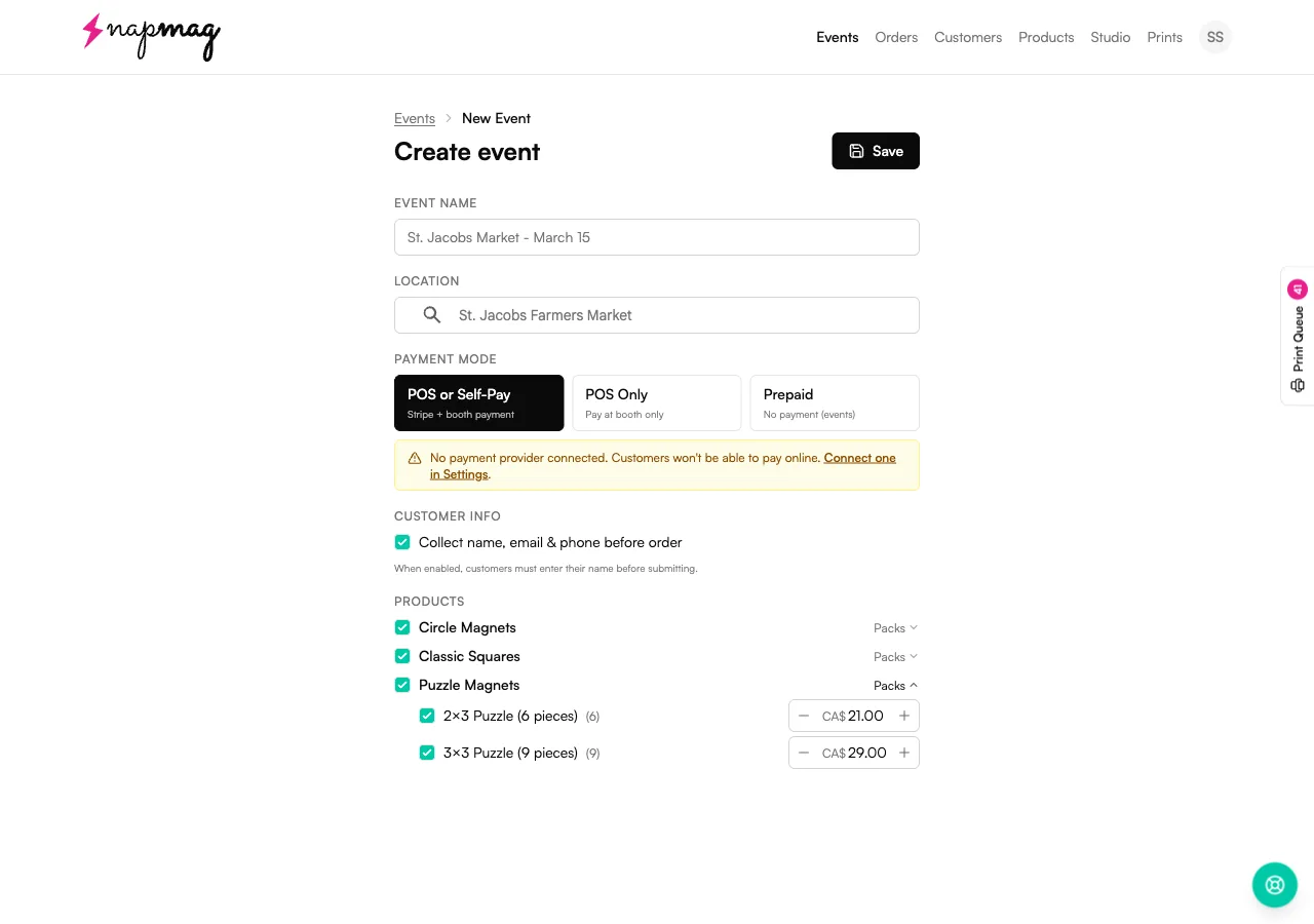 Vixie New Event screen with the Products section showing Circle Magnets, Classic Squares, and Puzzle Magnets all checked. Puzzle Magnets is expanded, showing 2×3 and 3×3 packs with editable prices.