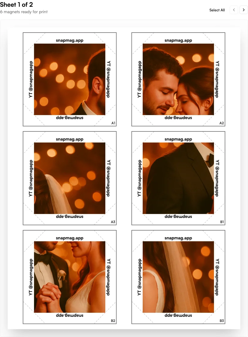 Print Batch #57 — Sheet 1 of 2: six puzzle pieces from a 3×3 wedding-couple puzzle, each tile labelled with row/column, edge text running down the left and right of every tile.